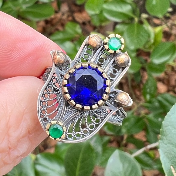 VINTAGE HAMSA VIVID BLUE GREEN PASTE GLASS STONES 925 STERLING SILVER UNIQUE